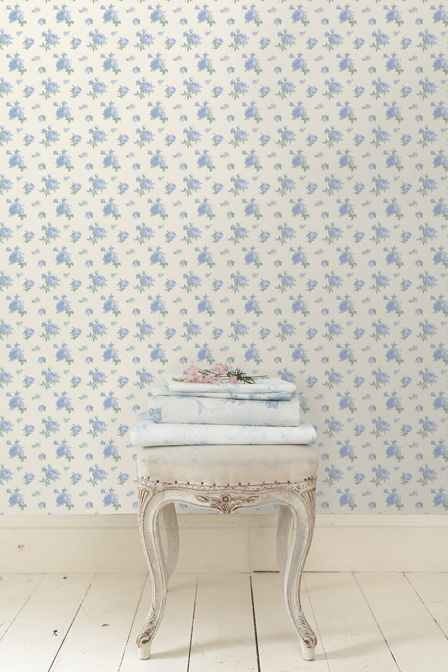 Ikat Rose Blue Small Print Wallpaper with Vintage Botanical Flower Motif - A-Street Prints AST4107
