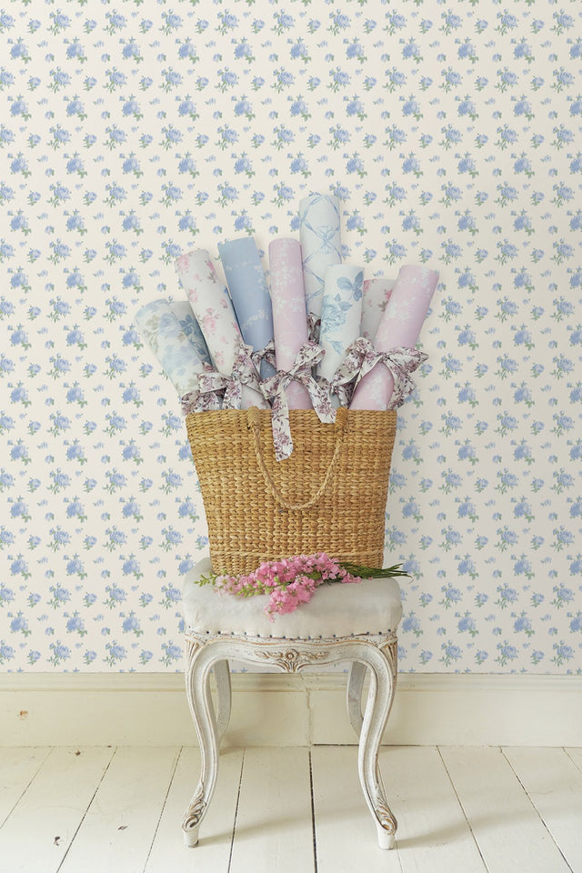 Ikat Rose Blue Small Print Wallpaper with Vintage Botanical Flower Motif - A-Street Prints AST4107