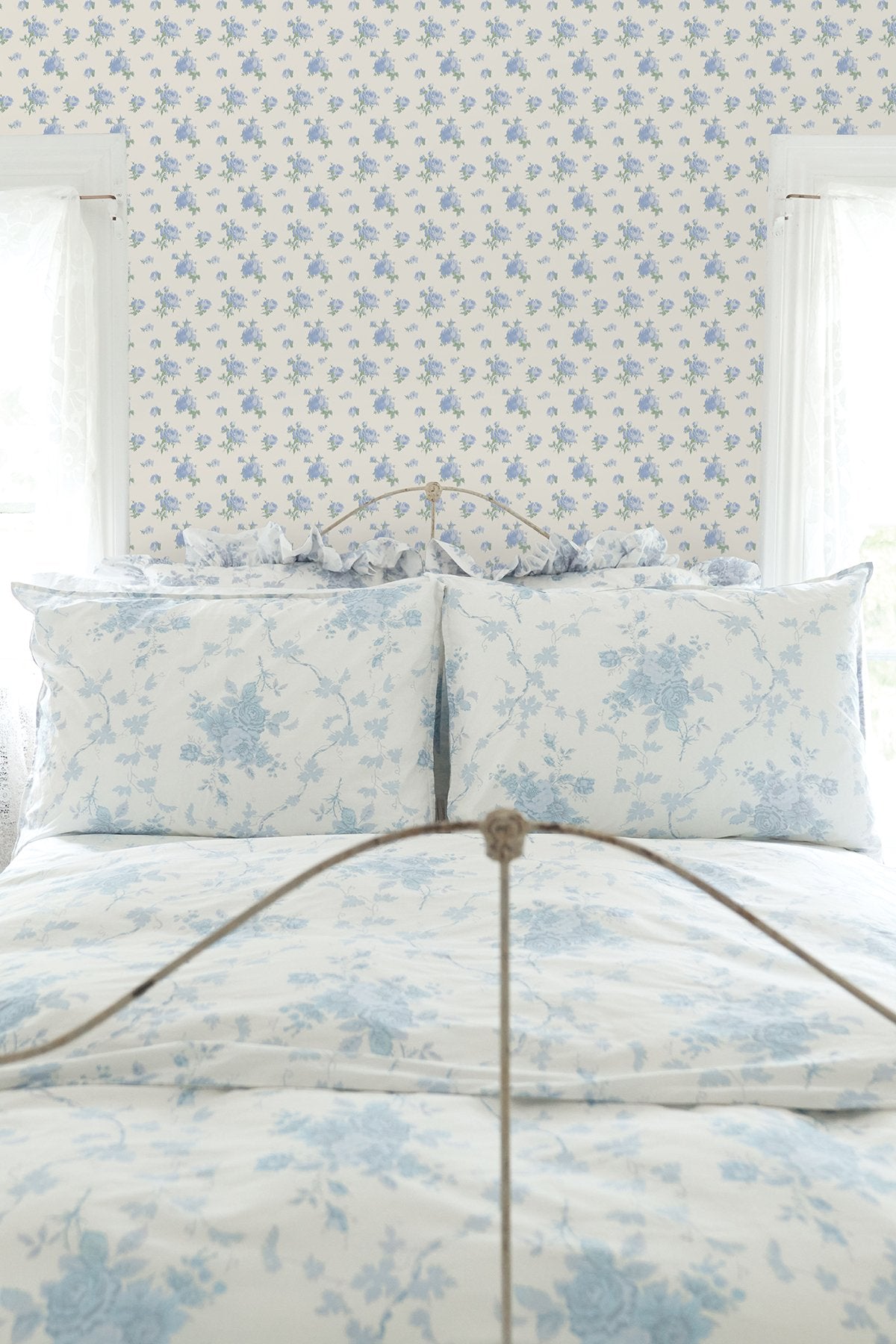 Ikat Rose Blue Small Print Wallpaper with Vintage Botanical Flower Motif - A-Street Prints AST4107