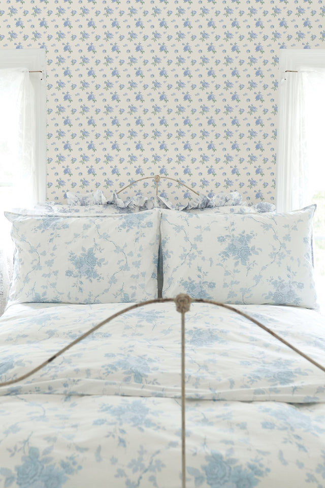 Ikat Rose Blue Small Print Wallpaper with Vintage Botanical Flower Motif - A-Street Prints AST4107