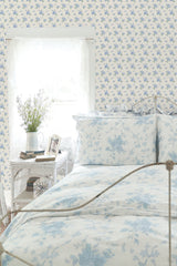 Ikat Rose Blue Small Print Wallpaper with Vintage Botanical Flower Motif - A-Street Prints AST4107