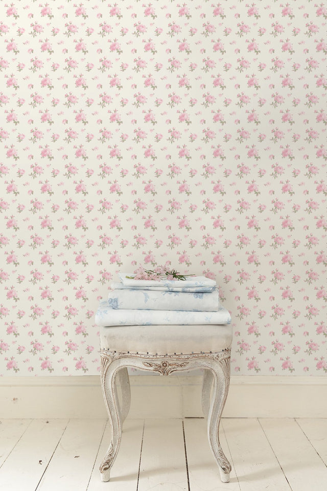 Ikat Rose Tinted Petals Small Print Pink Wallpaper with Vintage Botanical Floral Motif - A-Street Prints AST4108