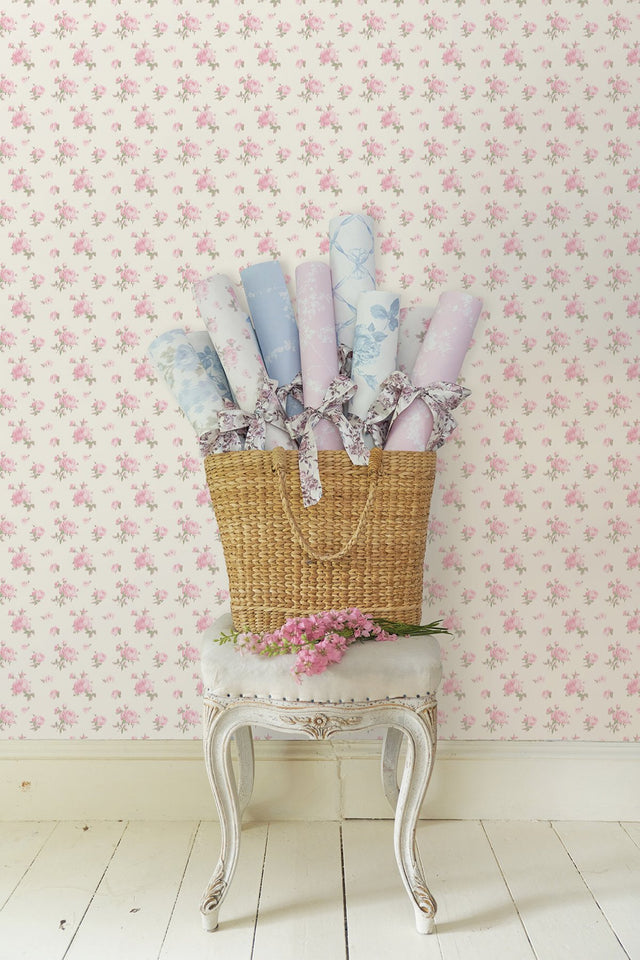 Ikat Rose Tinted Petals Small Print Pink Wallpaper with Vintage Botanical Floral Motif - A-Street Prints AST4108