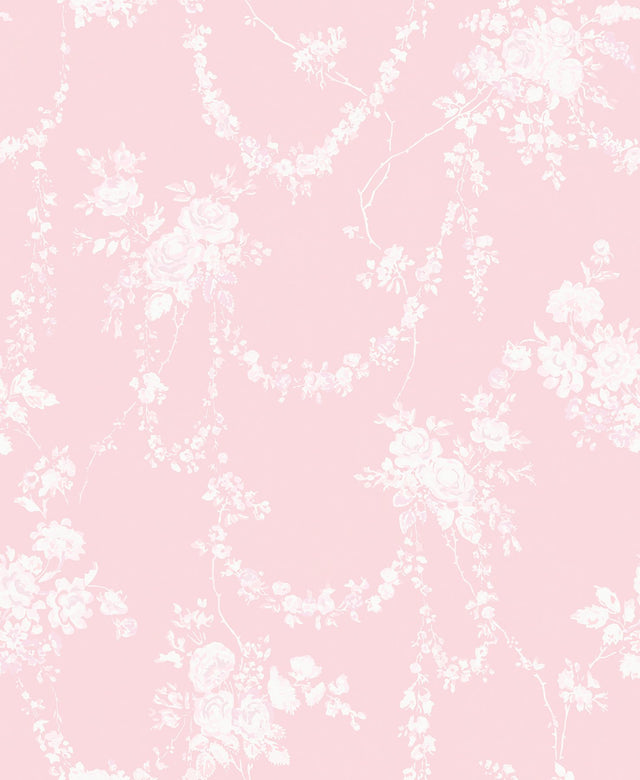 Chandelier Gates Easter Pink Floral Drape Wallpaper with Whimsical Botanical Flower Garlands - Brewster AST4110