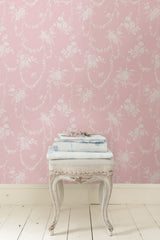 Chandelier Gates Easter Pink Floral Drape Wallpaper with Whimsical Botanical Flower Garlands - Brewster AST4110