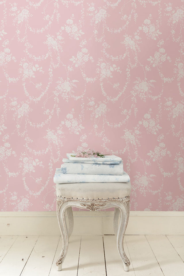 Chandelier Gates Easter Pink Floral Drape Wallpaper with Whimsical Botanical Flower Garlands - Brewster AST4110