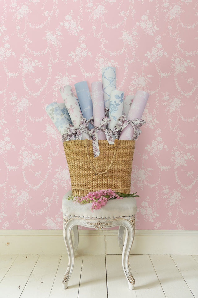Chandelier Gates Easter Pink Floral Drape Wallpaper with Whimsical Botanical Flower Garlands - Brewster AST4110
