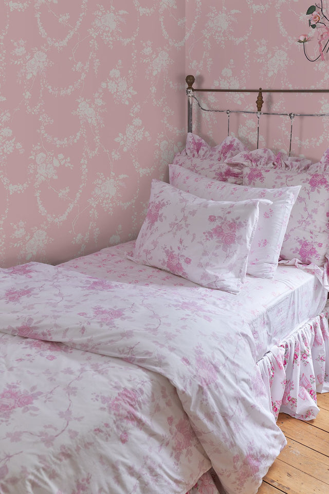 Chandelier Gates Easter Pink Floral Drape Wallpaper with Whimsical Botanical Flower Garlands - Brewster AST4110