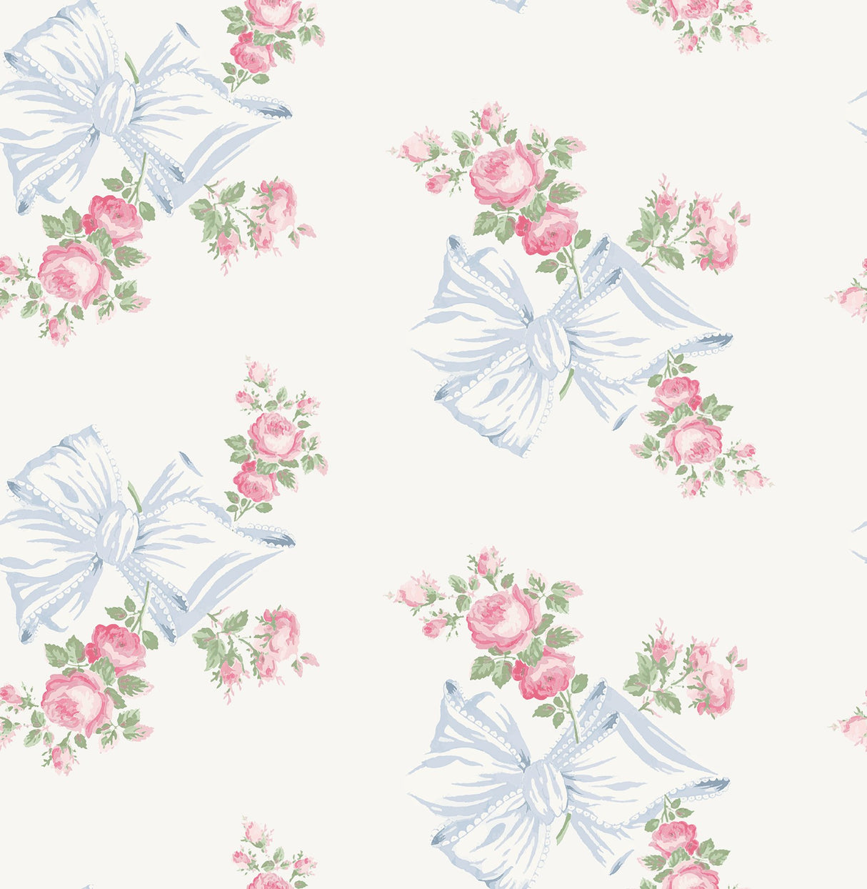 Rosa Beaux Pastel Blue Large Bow Spot Wallpaper with Whimsical Floral Pattern - Brewster AST4113