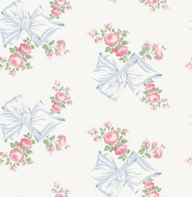 Rosa Beaux Pastel Blue Large Bow Spot Wallpaper with Whimsical Floral Pattern - Brewster AST4113