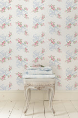 Rosa Beaux Pastel Blue Large Bow Spot Wallpaper with Whimsical Floral Pattern - Brewster AST4113
