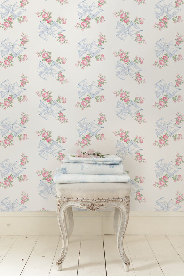 Rosa Beaux Pastel Blue Large Bow Spot Wallpaper with Whimsical Floral Pattern - Brewster AST4113