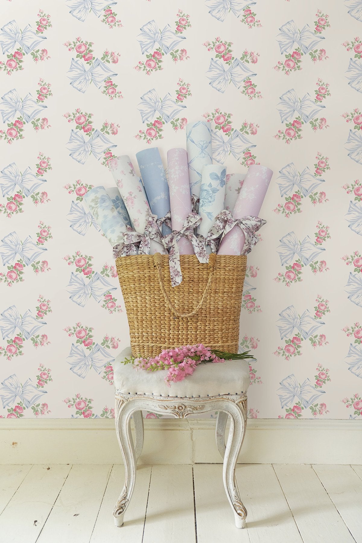 Rosa Beaux Pastel Blue Large Bow Spot Wallpaper with Whimsical Floral Pattern - Brewster AST4113