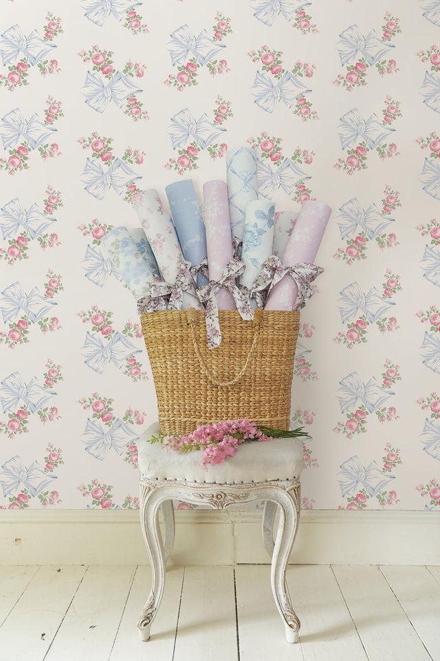 Rosa Beaux Pastel Blue Large Bow Spot Wallpaper with Whimsical Floral Pattern - Brewster AST4113
