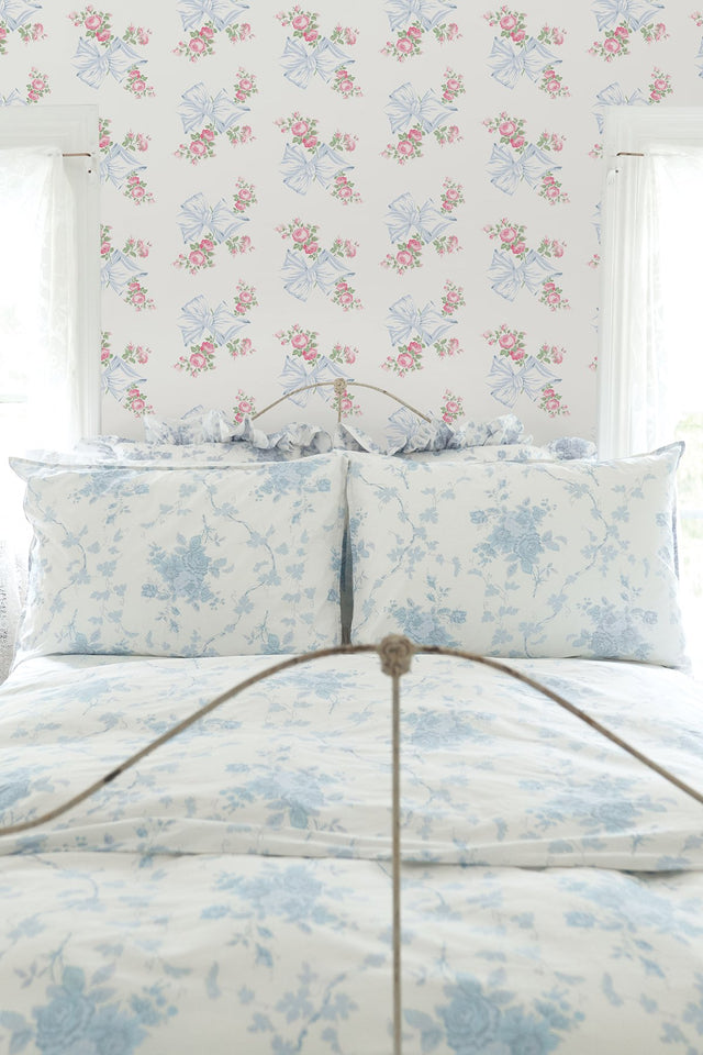 Rosa Beaux Pastel Blue Large Bow Spot Wallpaper with Whimsical Floral Pattern - Brewster AST4113
