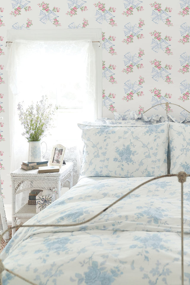 Rosa Beaux Pastel Blue Large Bow Spot Wallpaper with Whimsical Floral Pattern - Brewster AST4113