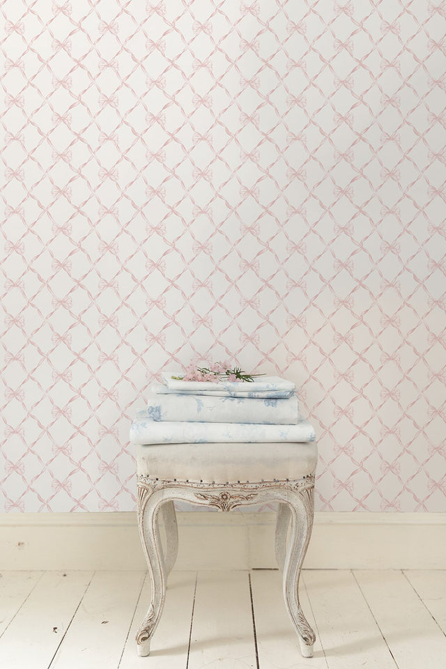 Baby Bow Faded Primrose Ribbon Trellis Wallpaper with Whimsical Novelty Pattern - A-Street Prints AST4114