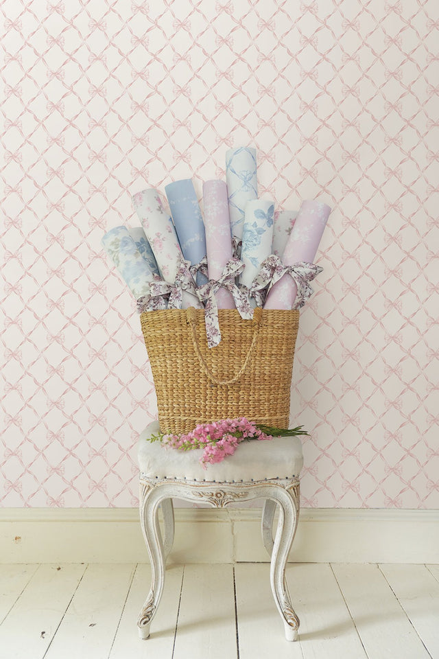 Baby Bow Faded Primrose Ribbon Trellis Wallpaper with Whimsical Novelty Pattern - A-Street Prints AST4114