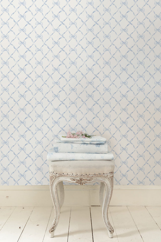 Baby Bow Blue Bella Ribbon Trellis Wallpaper with Whimsical Graphic Pattern - A?Street Prints AST4168