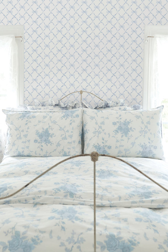 Baby Bow Blue Bella Ribbon Trellis Wallpaper with Whimsical Graphic Pattern - A?Street Prints AST4168