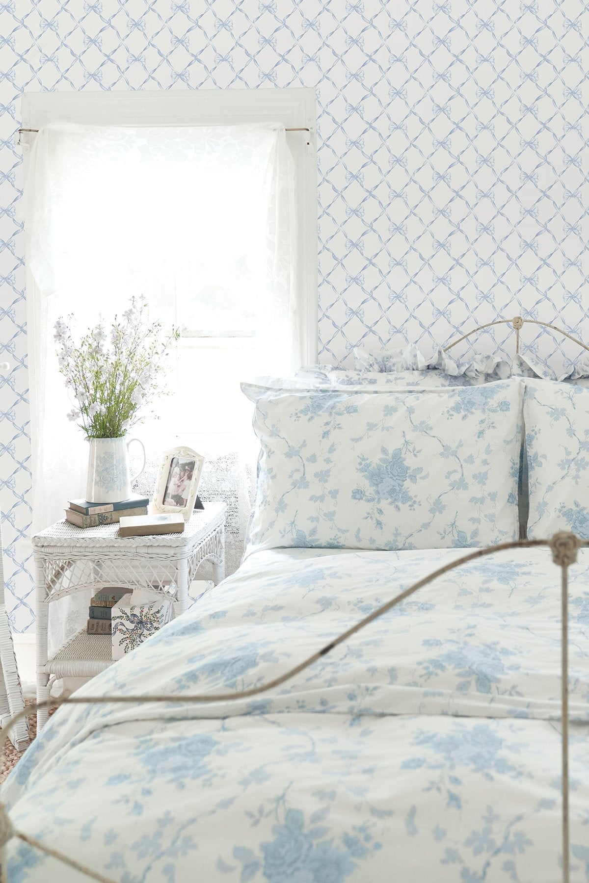 Baby Bow Blue Bella Ribbon Trellis Wallpaper with Whimsical Graphic Pattern - A?Street Prints AST4168