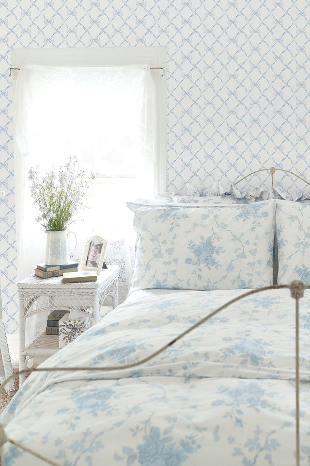 Baby Bow Blue Bella Ribbon Trellis Wallpaper with Whimsical Graphic Pattern - A?Street Prints AST4168