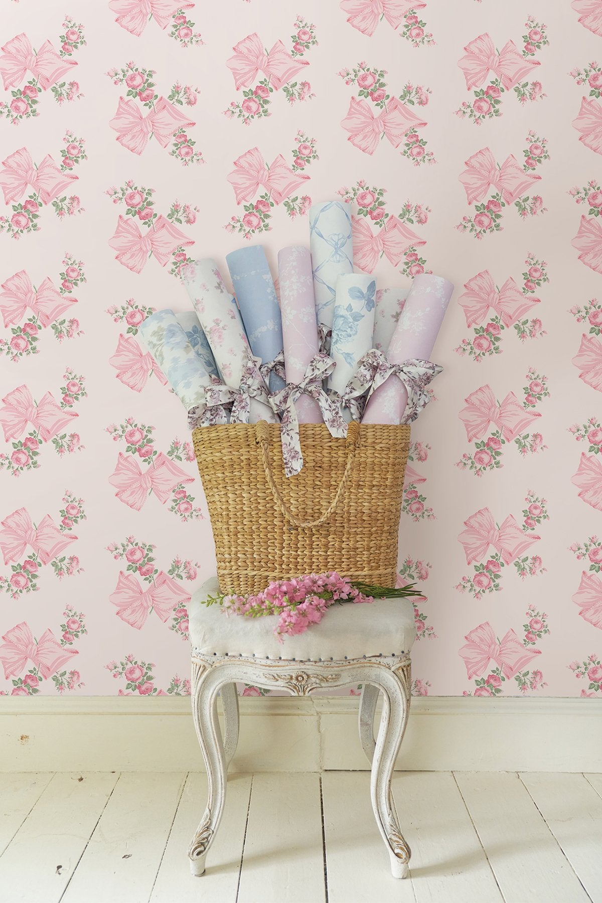 Rosa Beaux Pink Mint Large Bow Spot Wallpaper with Whimsical Floral Bow Motif - A-Street Prints AST4169