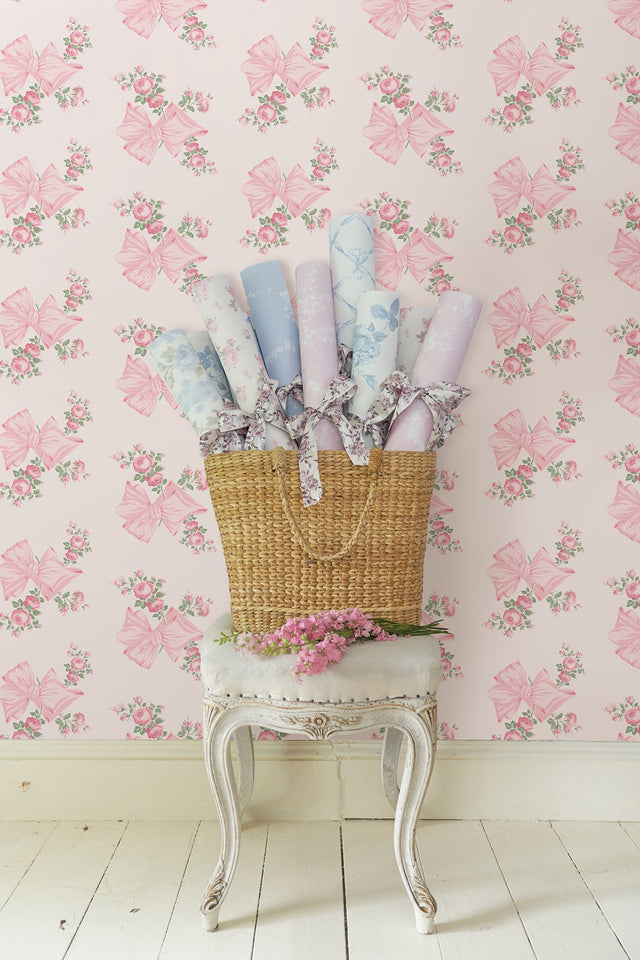 Rosa Beaux Pink Mint Large Bow Spot Wallpaper with Whimsical Floral Bow Motif - A-Street Prints AST4169