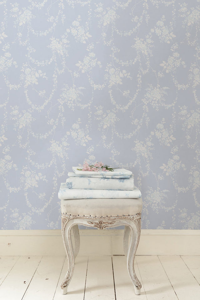 Chandelier Gates Blue Gemstone Floral Drape Wallpaper with Whimsical Botanical Flowers - A-Street Prints AST4170
