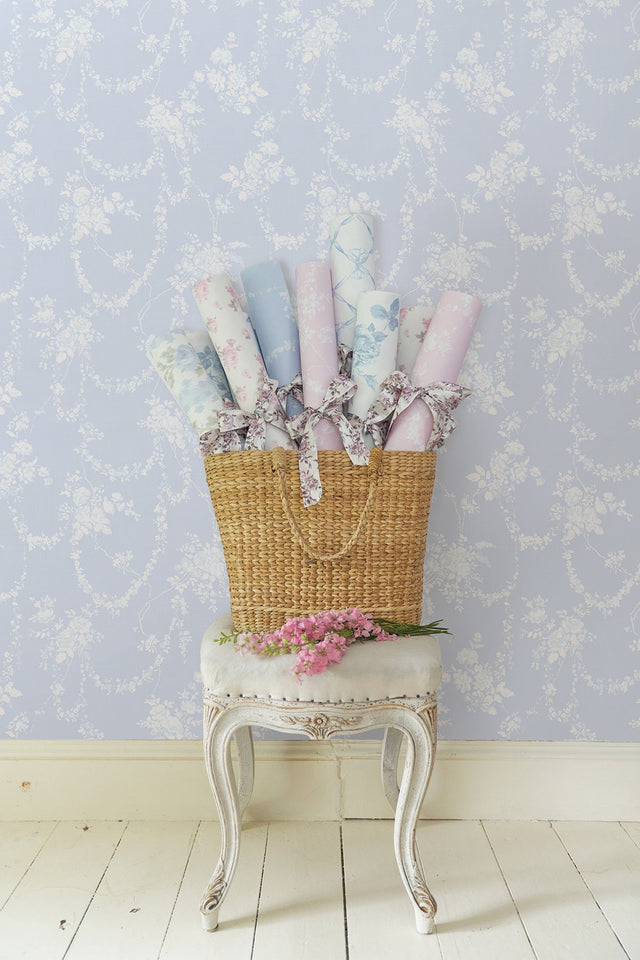 Chandelier Gates Blue Gemstone Floral Drape Wallpaper with Whimsical Botanical Flowers - A-Street Prints AST4170