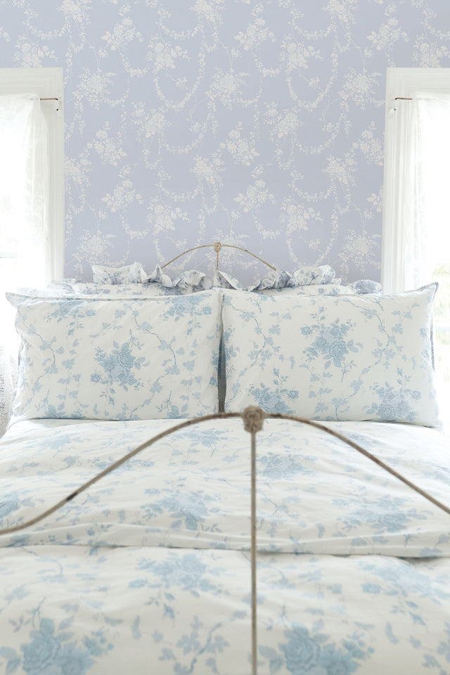 Chandelier Gates Blue Gemstone Floral Drape Wallpaper with Whimsical Botanical Flowers - A-Street Prints AST4170