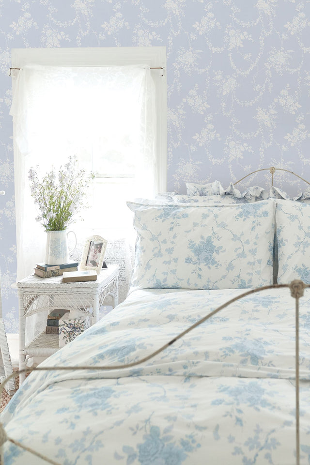 Chandelier Gates Blue Gemstone Floral Drape Wallpaper with Whimsical Botanical Flowers - A-Street Prints AST4170