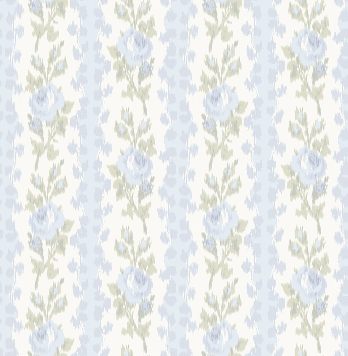 Blooming Heirloom Blue Romance Rose Stripe Wallpaper with Floral Stripe Ikat Motif - AST4171