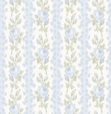 Blooming Heirloom Blue Romance Rose Stripe Wallpaper with Floral Stripe Ikat Motif - AST4171