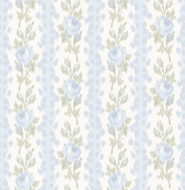 Blooming Heirloom Blue Romance Rose Stripe Wallpaper with Floral Stripe Ikat Motif - AST4171