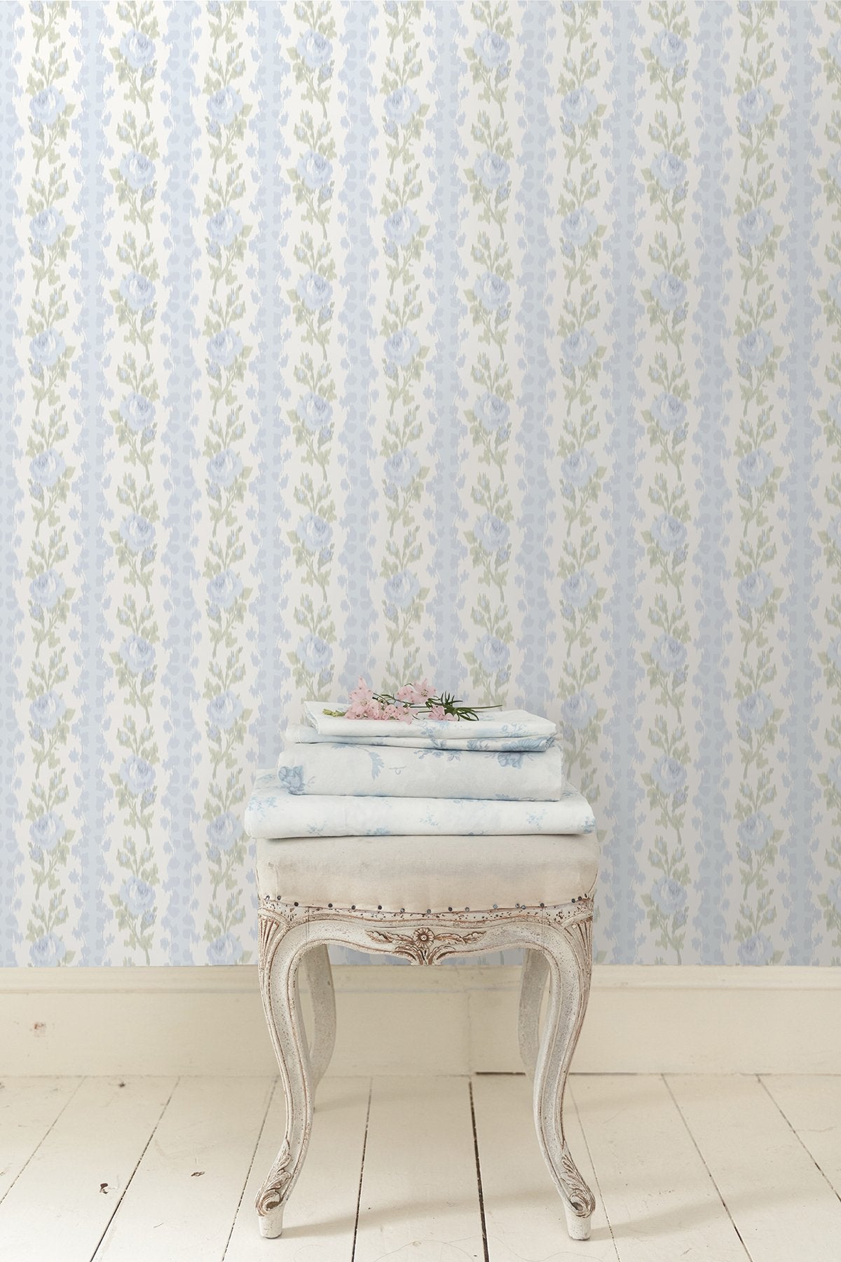 Blooming Heirloom Blue Romance Rose Stripe Wallpaper with Floral Stripe Ikat Motif - AST4171