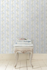 Blooming Heirloom Blue Romance Rose Stripe Wallpaper with Floral Stripe Ikat Motif - AST4171