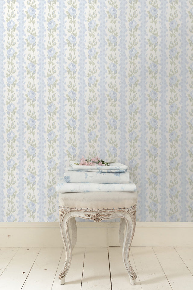 Blooming Heirloom Blue Romance Rose Stripe Wallpaper with Floral Stripe Ikat Motif - AST4171