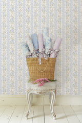 Blooming Heirloom Blue Romance Rose Stripe Wallpaper with Floral Stripe Ikat Motif - AST4171