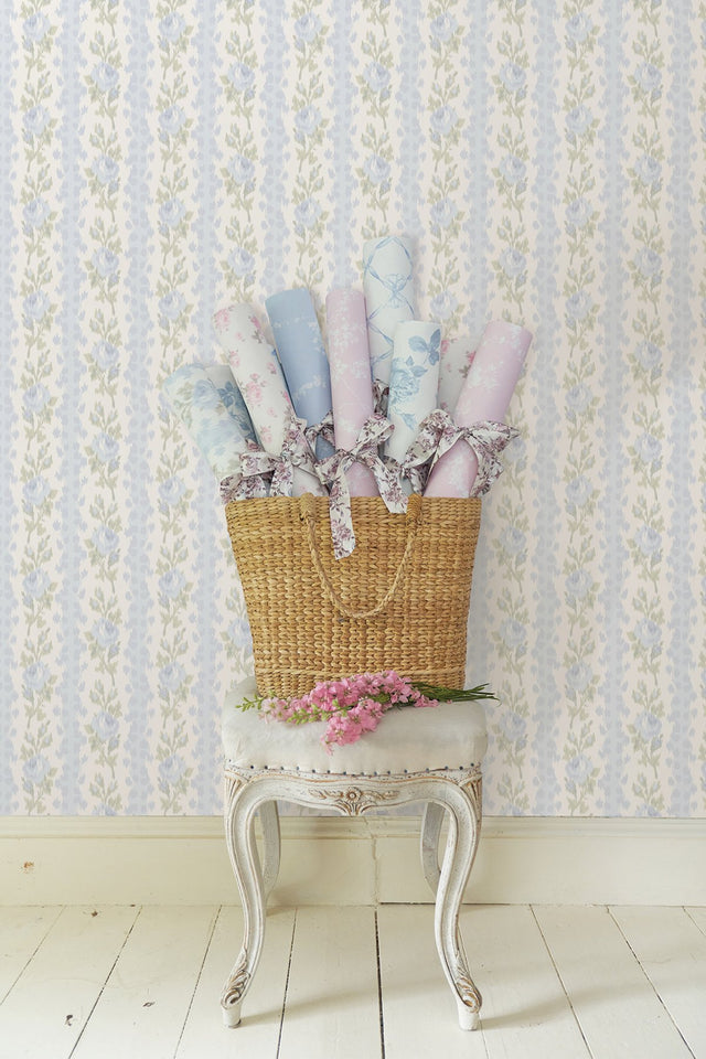 Blooming Heirloom Blue Romance Rose Stripe Wallpaper with Floral Stripe Ikat Motif - AST4171