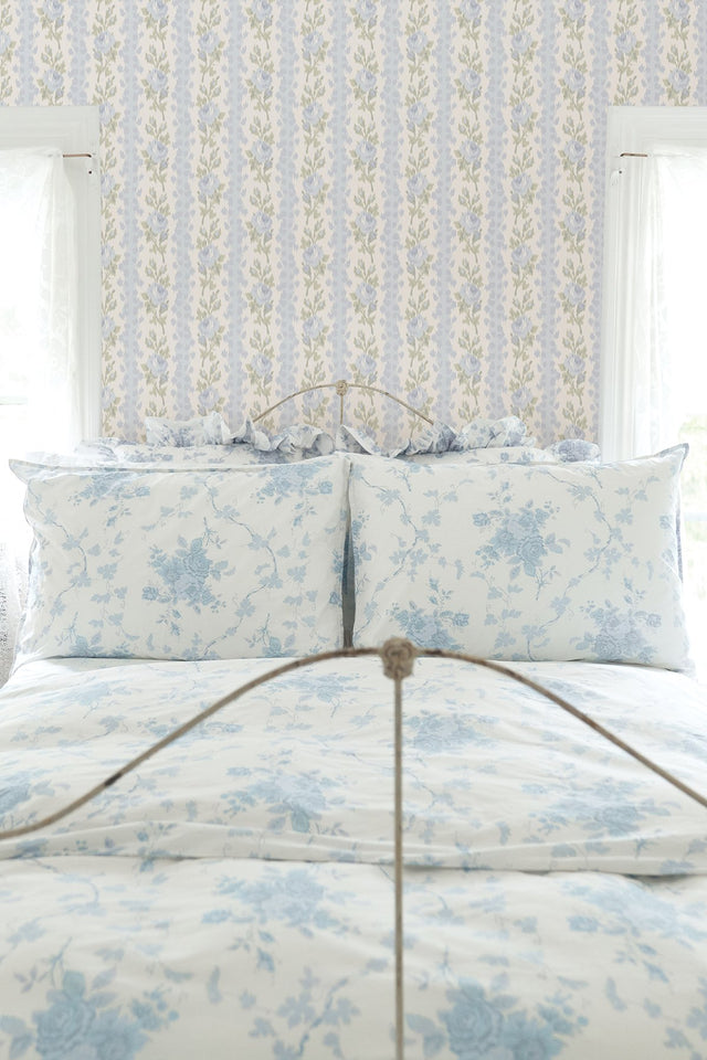 Blooming Heirloom Blue Romance Rose Stripe Wallpaper with Floral Stripe Ikat Motif - AST4171