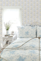 Blooming Heirloom Blue Romance Rose Stripe Wallpaper with Floral Stripe Ikat Motif - AST4171