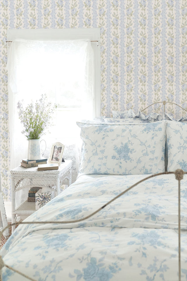 Blooming Heirloom Blue Romance Rose Stripe Wallpaper with Floral Stripe Ikat Motif - AST4171