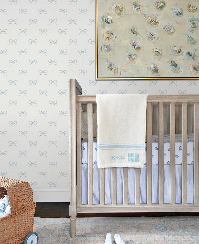 Emma Blue Heather Large Bow Wallpaper with Whimsical Novelty Graphic Pattern - AST4356