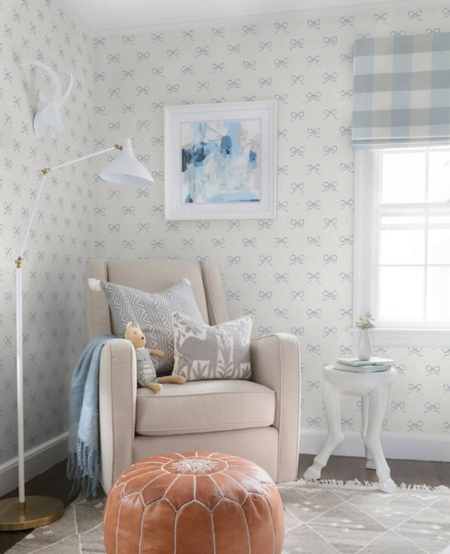 Emma Blue Heather Large Bow Wallpaper with Whimsical Novelty Graphic Pattern - AST4356