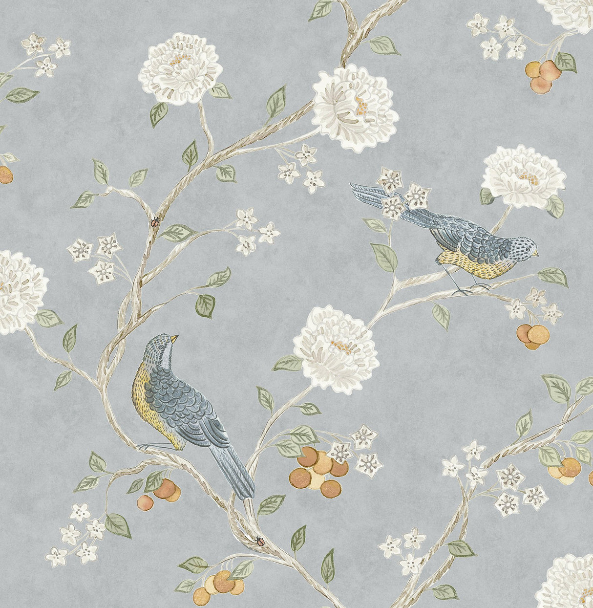 Wellesley Blue Heather Chinoiserie Wallpaper with Birds and Floral Vintage Motif - A-Street Prints AST4362