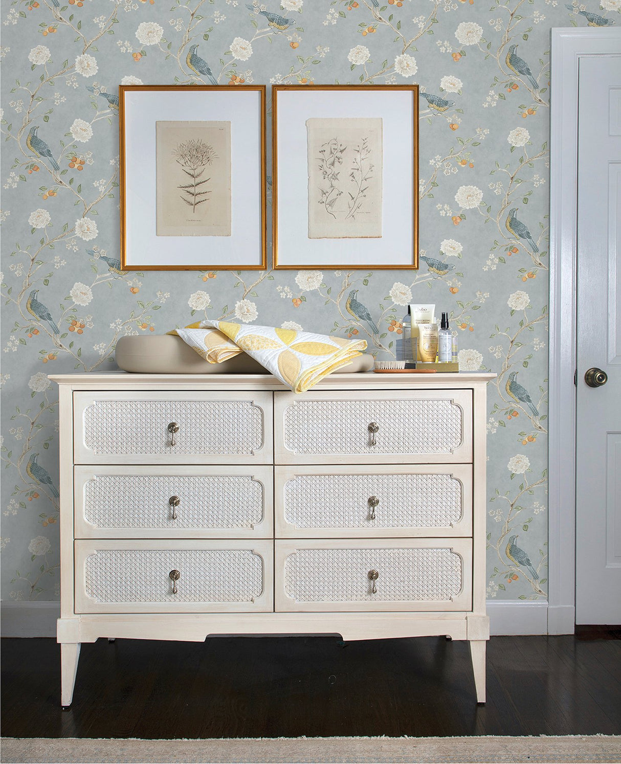 Wellesley Blue Heather Chinoiserie Wallpaper with Birds and Floral Vintage Motif - A-Street Prints AST4362
