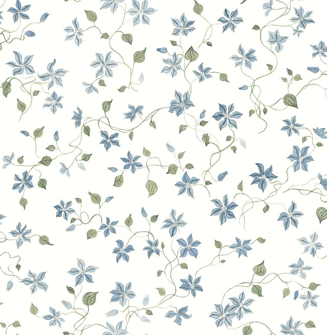 Betsy Blue Heather Floral Trail Wallpaper with Botanical Coastal Flowers - A-Street Prints AST4364