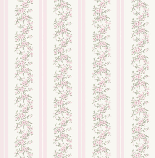 Marigold Wreath Pastel Peach Floral Stripe Wallpaper with Farmhouse Botanical Flowers - A-Street Prints AST4649