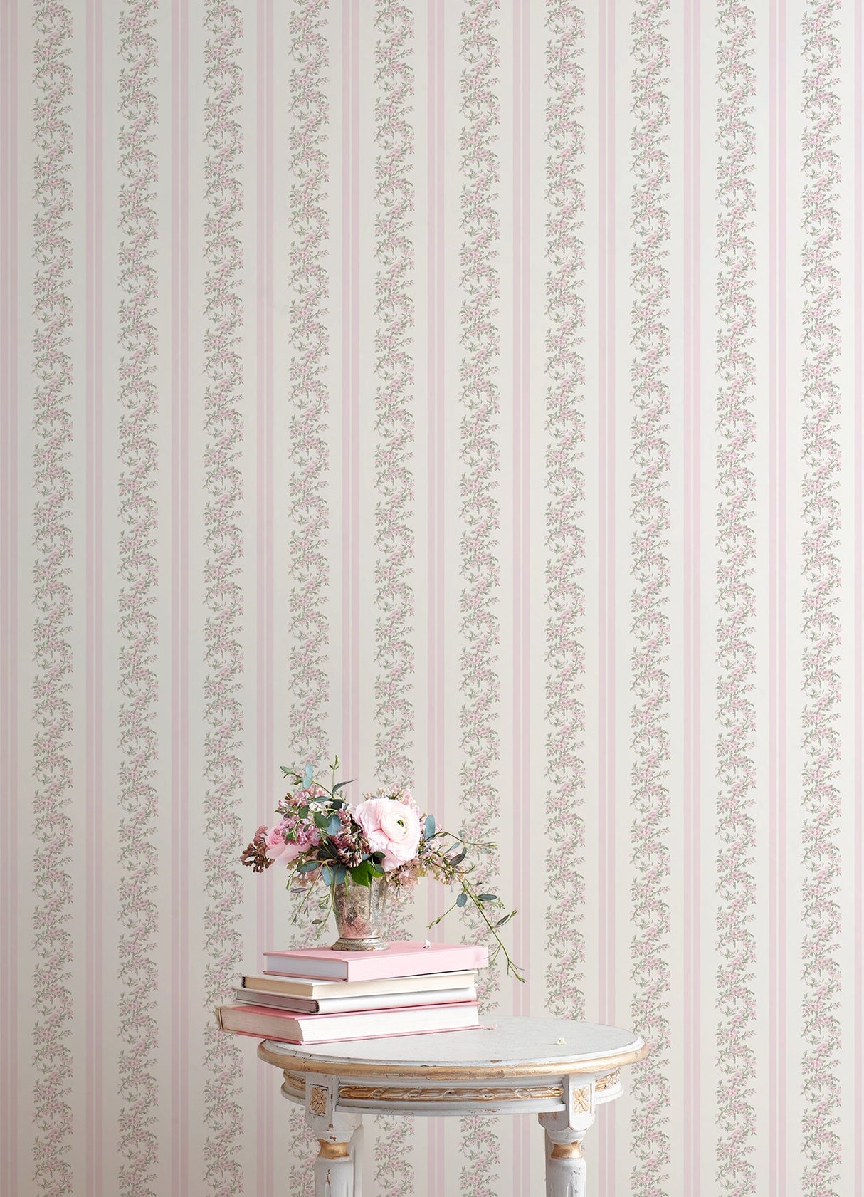 Marigold Wreath Pastel Peach Floral Stripe Wallpaper with Farmhouse Botanical Flowers - A-Street Prints AST4649